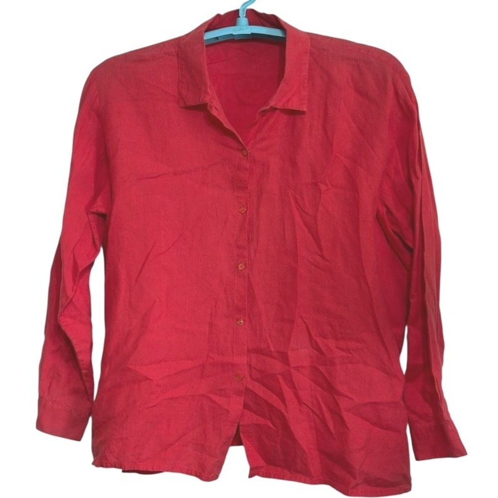 Vintage 90s Irish Linen‎ Blouse Red Minimalist Oversized Coastal Lagenlook 2X/3X